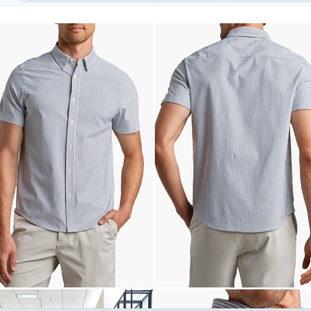 Rhone Commuter Shirt Mens Large Grey White Striped Short Sleeve Button Down L